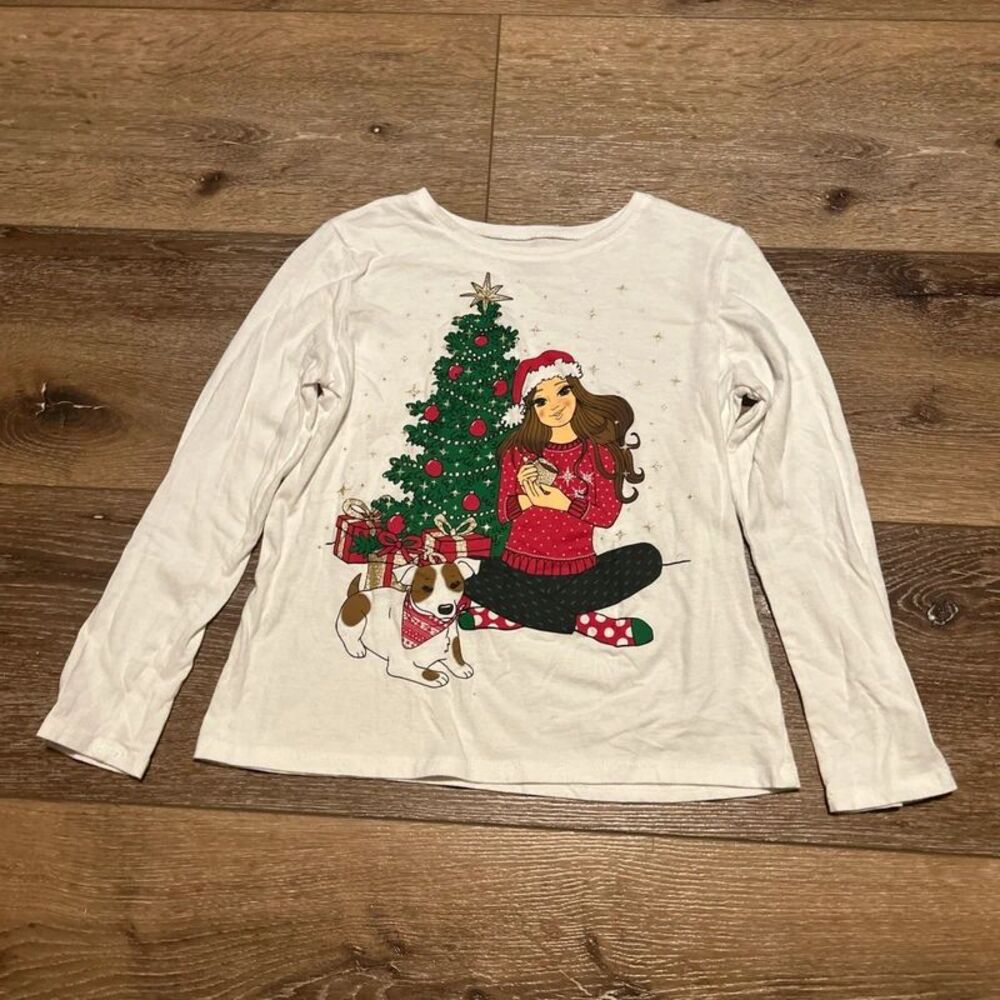 The Children's Place White Christmas Tree & Dog Long Sleeve Shirt Size L (10/12)